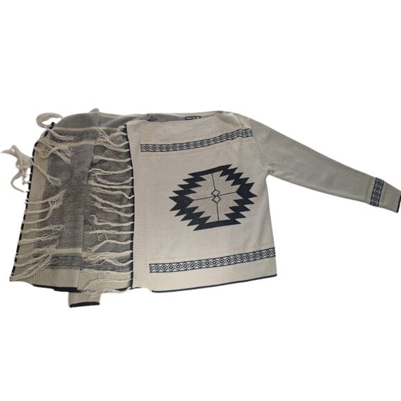 Double Zero Open Front Drape Cardigan Sweater Tan Black Gold Aztec Tribal*SZ M - Picture 2 of 12